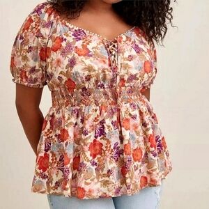 Torrid Georgette Floral Eyelet Smocked Boho Flouncy Milkmaid Feminine Blouse Top